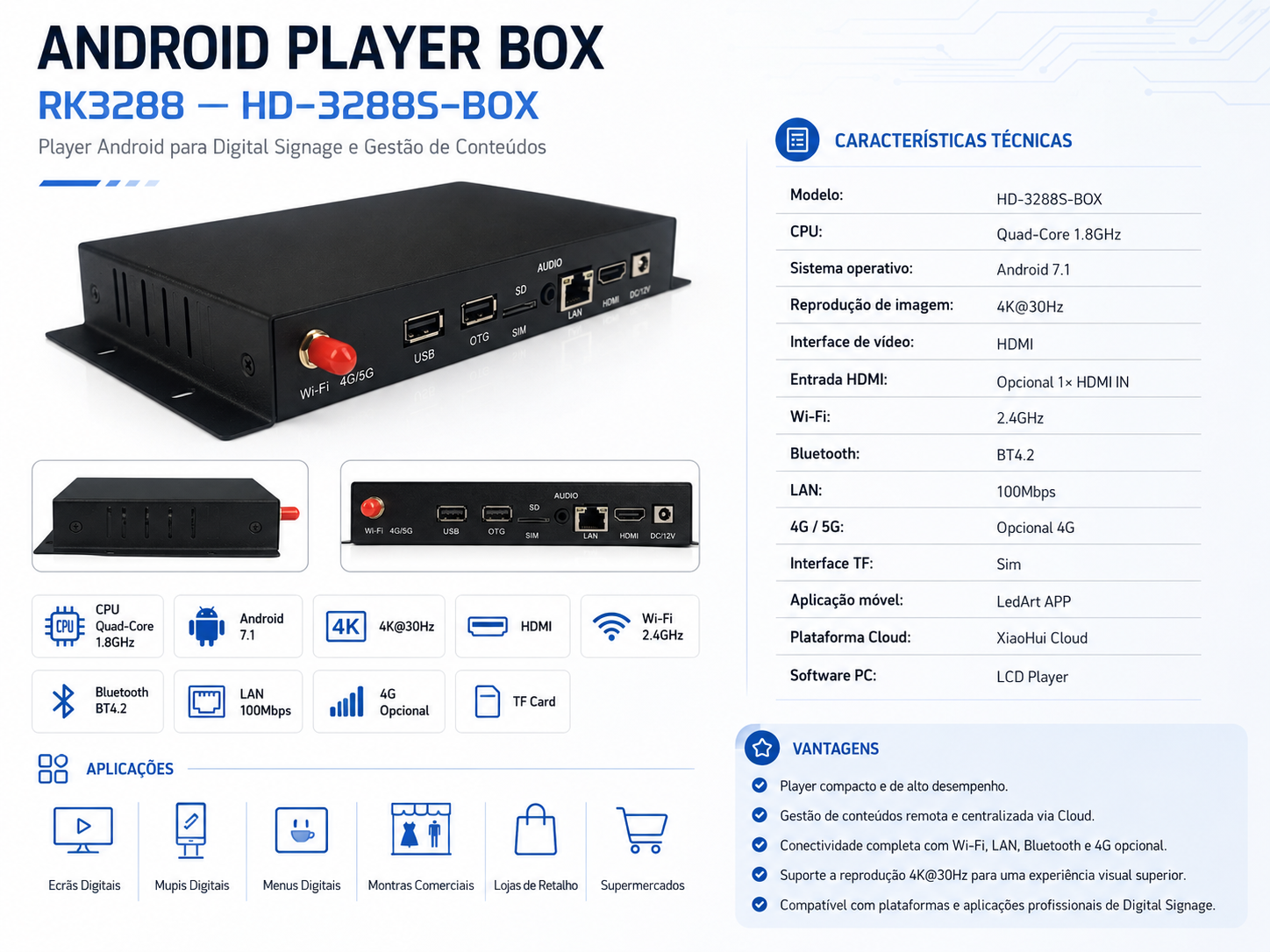 Player Android RK3288 para Digital Signage e Gestão de Conteúdos
