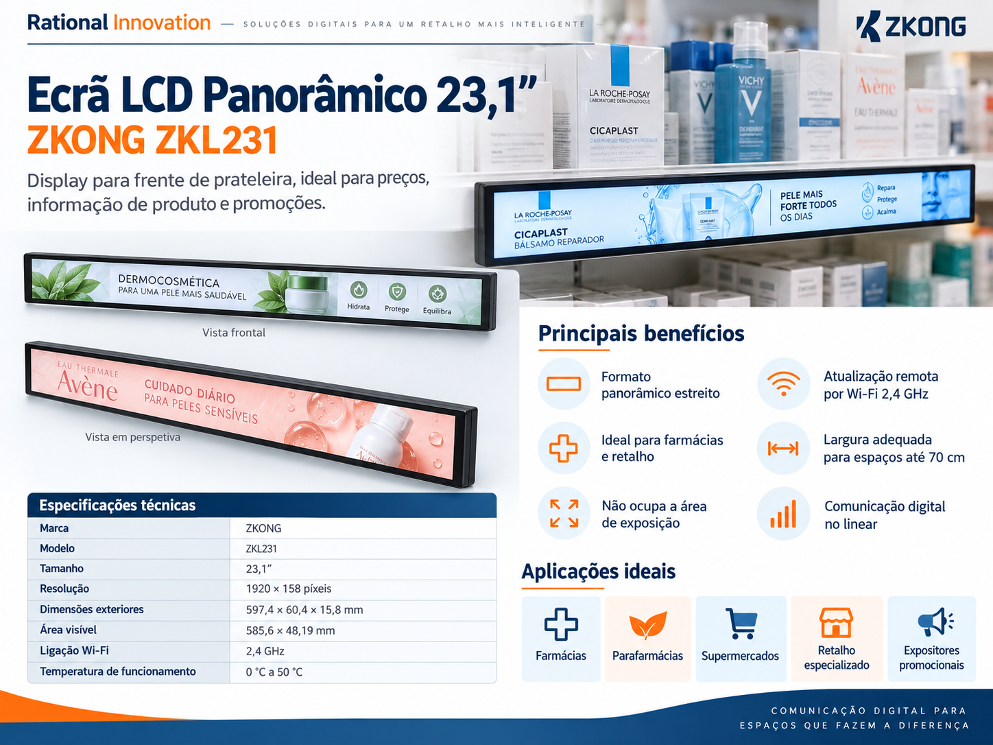 Display LCD Panorâmico ZKONG 23,1” para Preços, Promoções e Comunicação em Prateleira